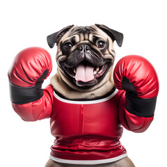 Poster - Pug dog wearing boxing gloves on transparent background PNG. Funny animal concept. Fun animal.