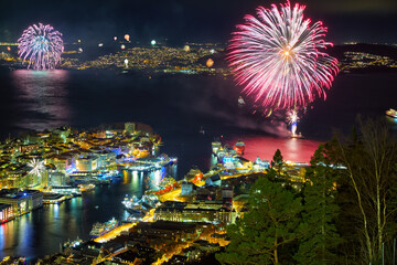 Wall Mural - New Year fireworks over Bergen, Norway