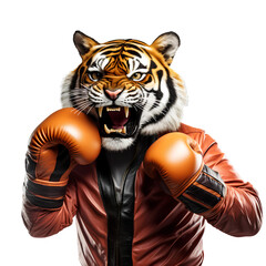 Wall Mural - Tiger wearing boxing gloves on transparent background PNG. Funny animal concept, fun animal world.