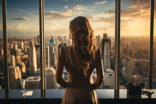 a woman with cascading curls stands by a window, her back to the camera, overlooking a bustling city