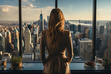 Businesswoman With Long, Wavy Hair Stands Before A Window, Overlooking A Cityscape Bathed In The Soft Hues Of Sunset