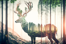 Deer And Green Forest Double Exposure. Generative AI