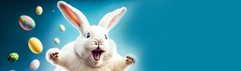 Poster - happy Easter bunny jumping with joy with many Easter eggs