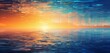 Abstract digital pixel design of a sun setting over the ocean in orange and blue on a 3D wall, embodying abstract digital pixel design