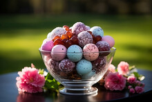 Glass Bowl With Colorful Easter Sweets In The Shape Of Eggs On The Table With Flowers Outdoors. Spring Holidays. Generative AI.	