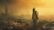 Man In Gas Mask And Hazmat Suit Navigating A World War 3 Post Apocalyptic Nuclear Disaster.  (Generative AI).