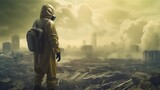 Fototapeta  - Man In Gas Mask And Hazmat Suit Navigating A World War 3 Post Apocalyptic Nuclear Disaster.  (Generative AI).