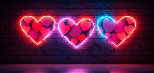 Wall Mural - Glowing neon light graffiti with abstract heart shapes in red and pink on a 3D textured wall