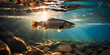 Under water view of rainbow trout swimming with sun rays in the background