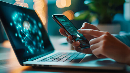 reset password concept: lock icon and security code on a smartphone in the hands of a person working