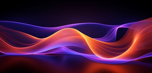 Wall Mural - Luminous neon light graffiti with abstract wave patterns in purple and orange, adding depth to a 3D background
