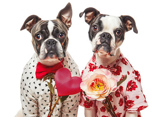 Two cute bulldog dogs wearing colorful shirts with bow ties. The dog holds a rose and a valentine. Declaration of love. Isolated on a transparent background.