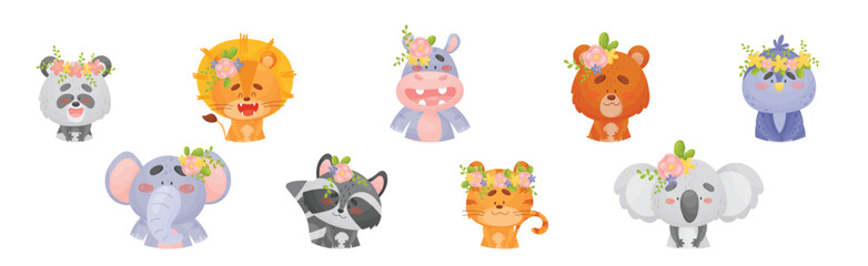 Wall Mural - Cute Animals with Flower Wreath and Crowns on Head Vector Set