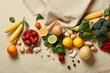 A mix of organic fruits, vegetables, and vegan meal ingredients in eco cotton bags on a beige background, emphasizing a zero-waste, plastic-free, healthy lifestyle.