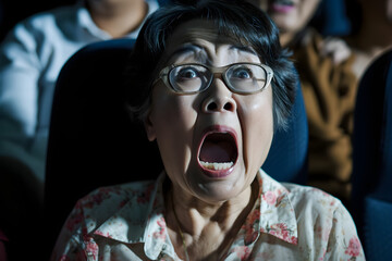 Wall Mural - senior Asian woman in cinema terrified reaction