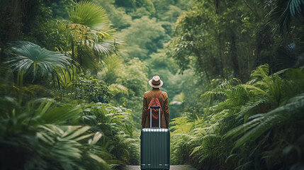 Solo traveler with suitcase amidst jungle greenery. Sustainable travel concept 