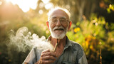 Fototapeta  - happy retired senior woman smoking medicinal cannabis blunt outside in nature