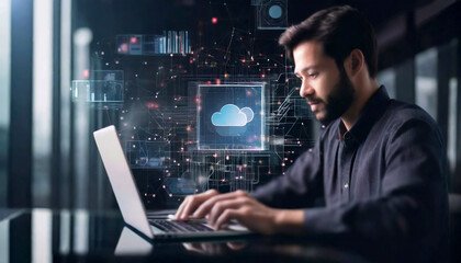 Businessman working on laptop computer with digital document, managing files data. generative ai