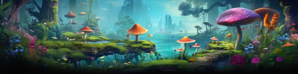 Wall Mural - Fantasy World for kids with River Clouds Rainbow Created with Generative AI Technology