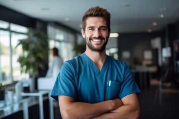 Wall Mural - Happy man medical assistant in clinic. Nurse in uniform doctor at hospital