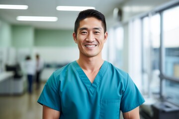 Wall Mural - Happy asian man medical assistant in clinic. Nurse in uniform doctor at hospital