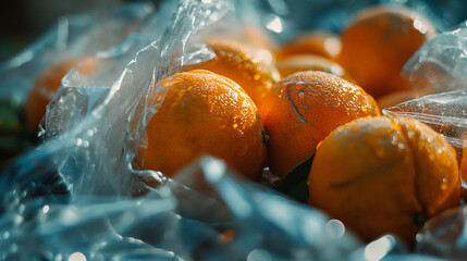 Store fruits and vegetables in plastic bag. Produce Packed in Plastic: How Does it Affect Health. A close-up of Fresh Oranges in a Plastic Bag from Grocery Store.