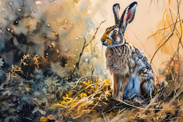 Wall Mural - illustration of a gray hare hiding in the grass