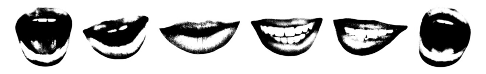 Lips and mouths retro photocopy effect elements set. Grunge punk messy texture. Trendy y2k aesthetic vector illustration with stippling grainy effect