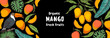 Ripe mango and toucan bird. Hand drawn vector illustration. Tropical fruit. Packaging design, menu design, juice packaging. Mango frame.