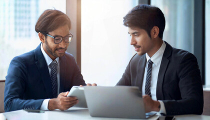 Two businessmen sitting at table, using digital tablet and laptop co-working at modern office, Generative AI