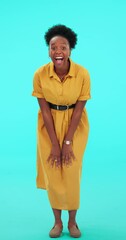 Canvas Print - Surprise, wow and portrait of an excited woman in studio with hands on mouth for announcement. Black female person on a blue background with shocked emoji for a funny secret, promotion or good news