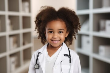 Wall Mural - Happy african american child girl medical assistant in clinic. Nurse in uniform doctor at hospital