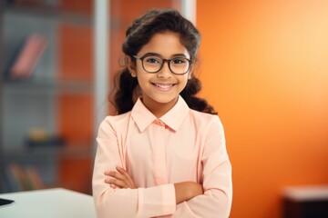 Wall Mural - Happy indian child girl medical assistant in clinic. Nurse in uniform doctor at hospital