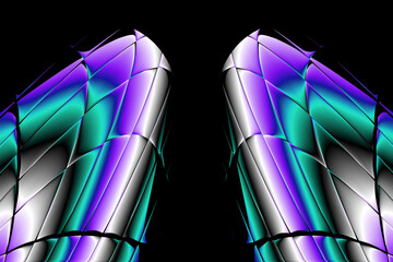 smooth up and over art-deco style turquoise purple and white smooth surface design on a black background