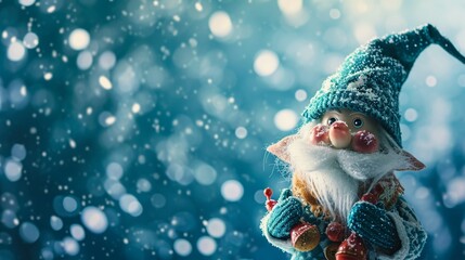 Scandinavian cute Christmas traditional gnome, Tomte, dwarf or elf on blue snowy background with copy space.