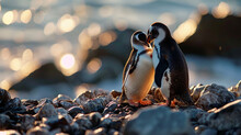 Cute Pair Of Penguins Sharing Heart-shaped Pebble, AI Generated