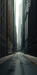 Wall Mural - Empty city street with tall skyscrapers on both sides. Early morning sun rays. Wet concrete street from rain water. Noir mystery concept - Isolated transparent background. Empty moody alley in a city