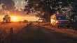 Sunset over an ambulance in rural countryside, AI Generated