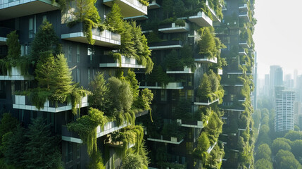 Wall Mural - Vertical forest buildings integrating greenery into the city architecture, AI Generated