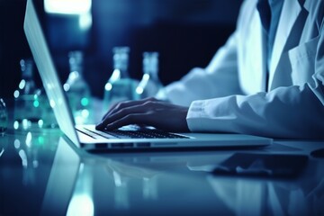 Laboratory assistant specialist scientist lab worker chemistry biology doctor medical research laptop computer app test analysis creation medicine science development microbiology pharma technologies