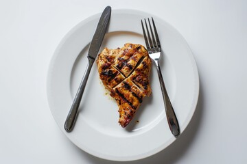 Grilled Meat Delight: A succulent grilled meat piece on a pristine white plate, accompanied by a knife and fork against a white backdrop, showcasing the delectable essence of a balanced diet