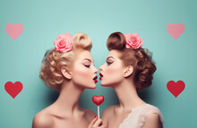 Women With Retro Hairstyle Infront Of Blue Backdroop With Heart. Valentine's Day Vibes. Image For Poster Retro-themed Event Or Party. Lookbook Photography, Album Cover. Banner With Copy Space.