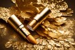A golden metallic lipstick against a background resembling gilded gold leaf patterns, emitting a sense of luxury and radiance.