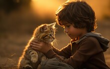 A Young Boy And His Kitten, Joyful Moments.