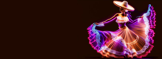 Wall Mural - Fabulous Cinco de Mayo female dancer in neon light. Beautiful female model in traditional costume and sombrero dancing..Generative AI