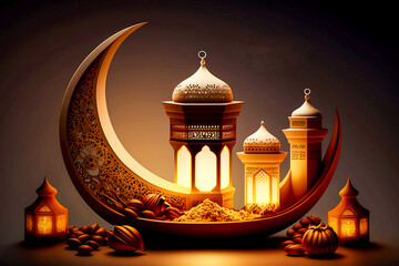 Festive greeting card for Muslim holy month Ramadan Kareem with mosque and crescent moon