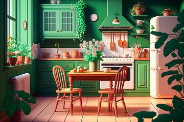 Sticker - stylish green kitchen with plants