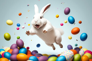 Wall Mural - happy white Easter bunny jumping with joy with many Easter eggs