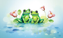 A Couple Of Frogs With Pink Flowers For Valentines Day Greeting Card Design. Illustration With Two Frogs With Floral Background With Copy Space. Cute Little Frog Couple In Love. 