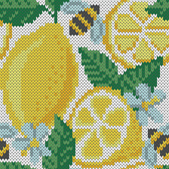 Wall Mural - Lemon fruit and bee knitted seamless pattern. Exotic floral background. Vector illustration for knitwear design